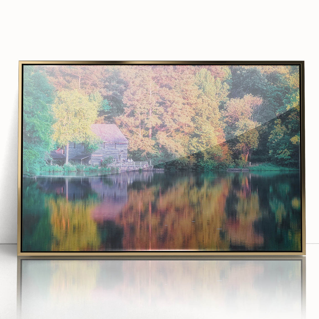 Large art print of Raleigh, North Carolina skyline in gold and blue tones on a framed acrylic.