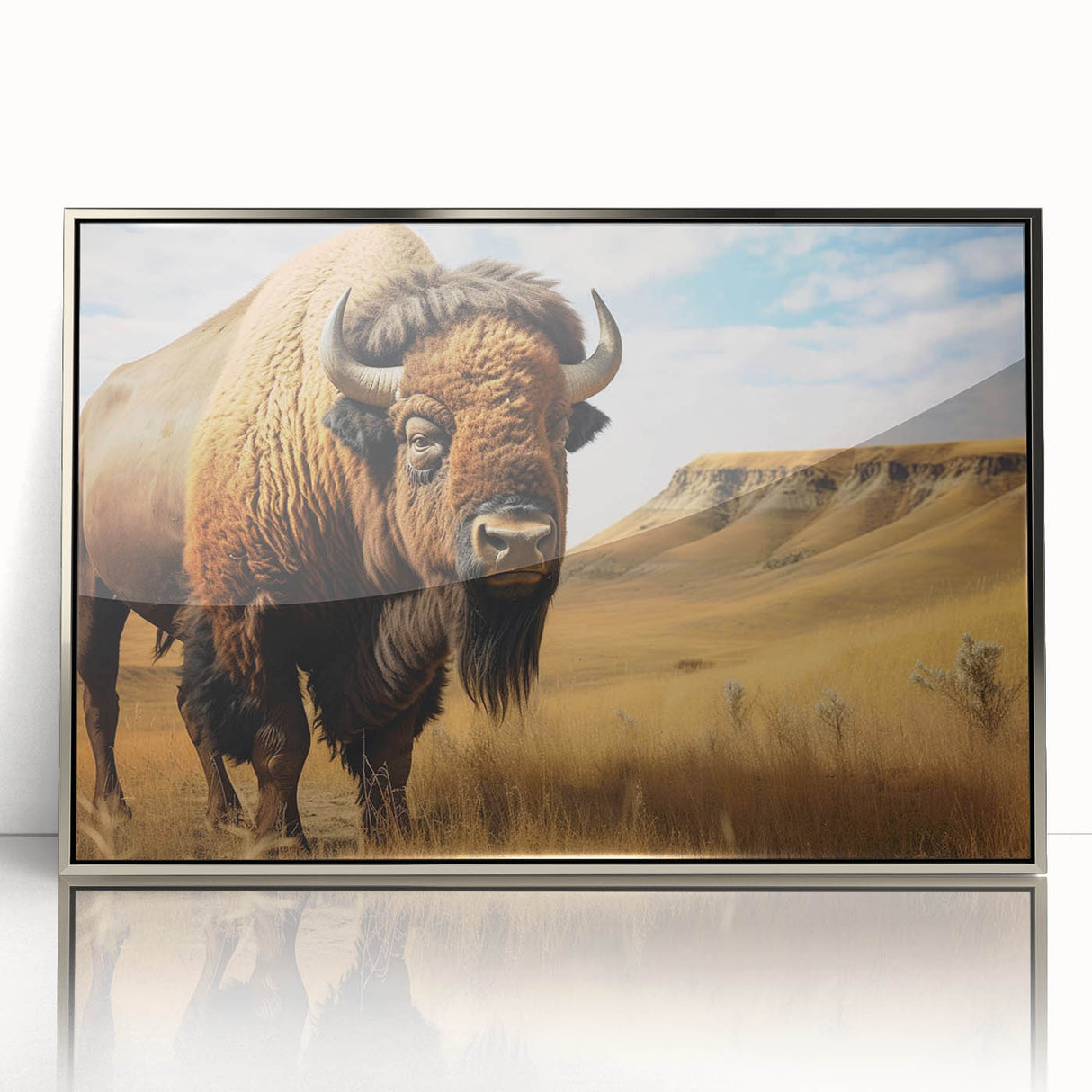 Mid-century modernist art depicting North Dakota scenery in muted earth tones on a framed acrylic panel.