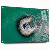 Acrylic print of a large abstract landscape in blue and green shades, suitable for bedroom or dining room decor.