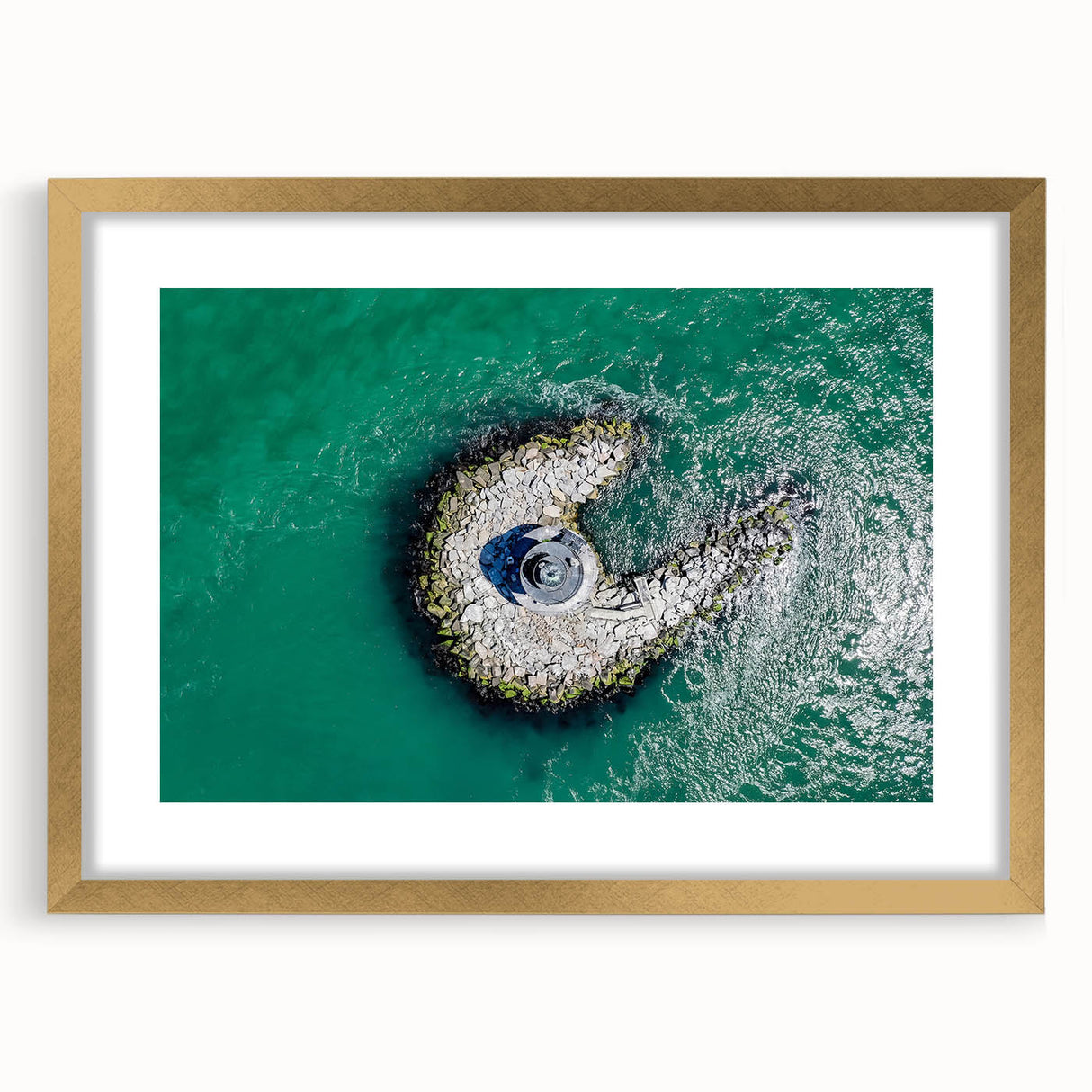 Extra large abstract art print of a textured seaside scene in muted blue and beige, framed in gold.