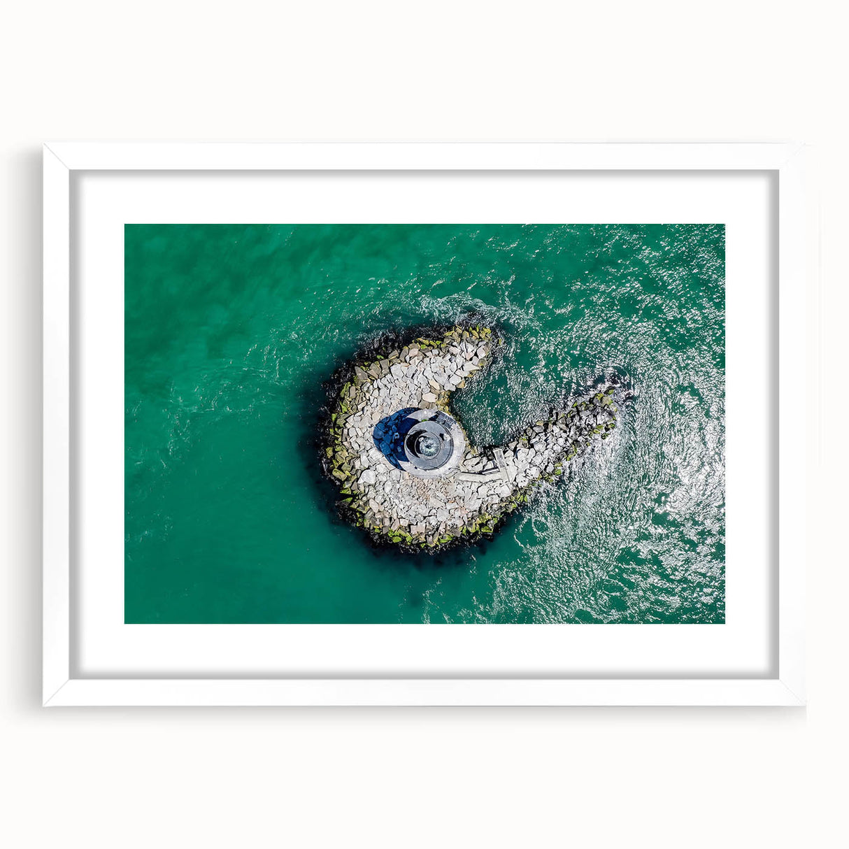 Abstract art print of Long Island featuring soft blue and white tones on a framed white mat, ideal for dining room decor.