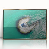 Mid-century modernist style large art print of Long Island scenery in gold and blue tones, framed acrylic.