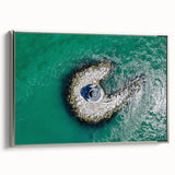 Framed canvas featuring a vintage landscape art painting of Long Island, USA, with colorful accents on a black background.