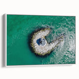 Vintage poster art of Long Island scenery on a framed canvas, featuring vibrant colors against a black background.