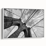 Vintage poster art of the Brooklyn Bridge in grayscale, framed canvas, ideal for living room decor.