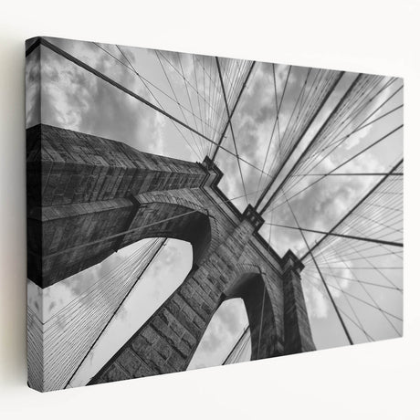 Side view of Brooklyn Bridge on stretched canvas, depicted in muted grayscale, suitable for kitchen wall art.