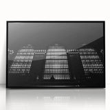 Large abstract wall art featuring a stylized New York City Grand Central scene in black and white, framed in acrylic.