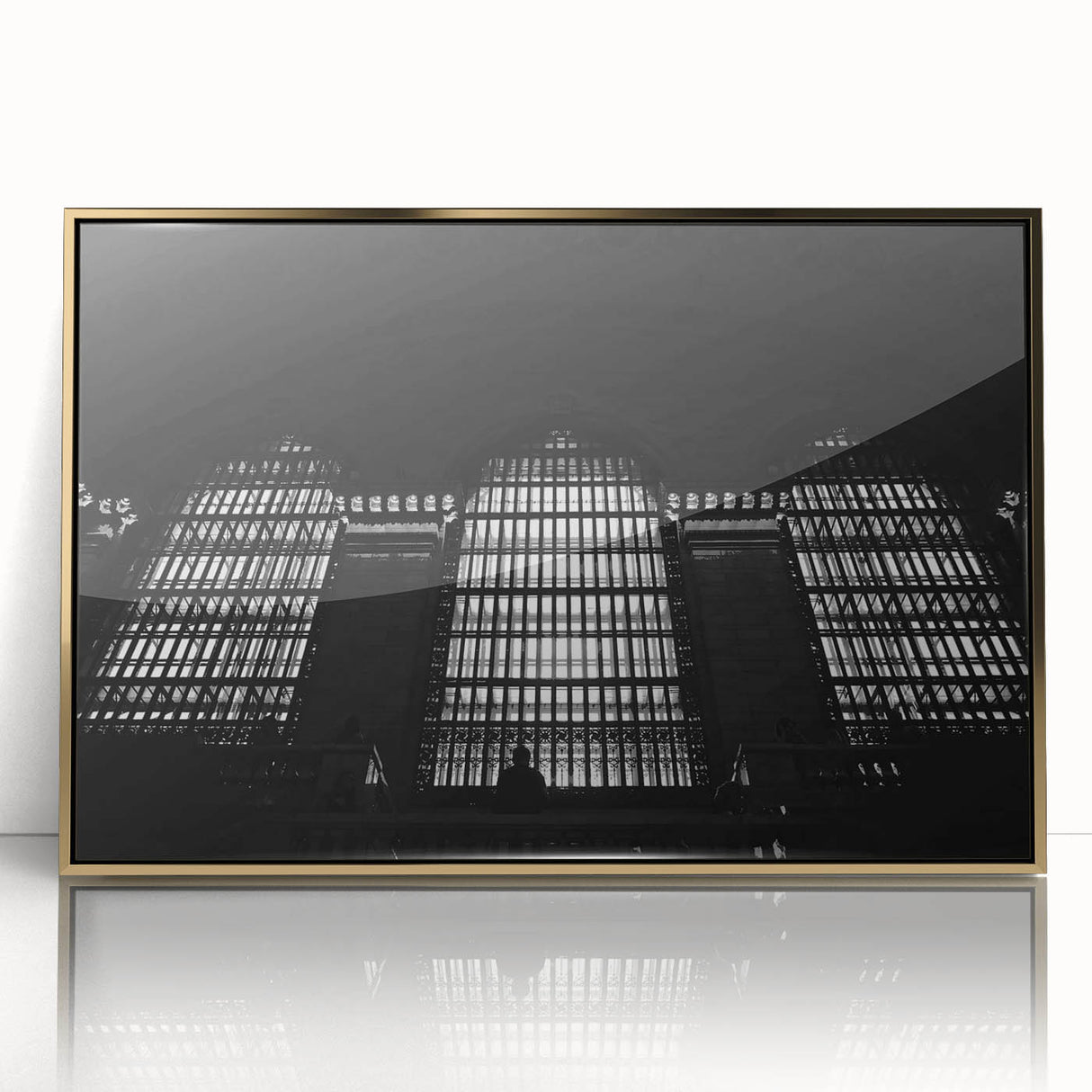 Large art print of New York City's Grand Central, in gold tones on acrylic, styled in mid-century modernist design.