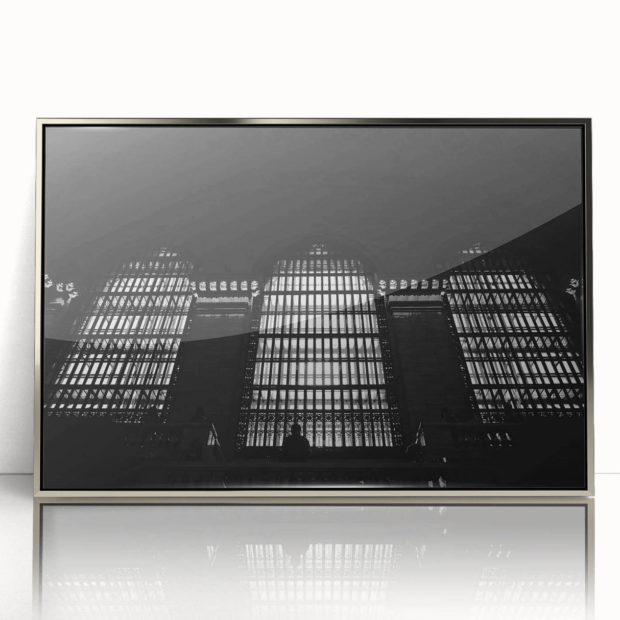 Mid-century modernist art depicting New York's Grand Central in muted silver tones on a framed acrylic.