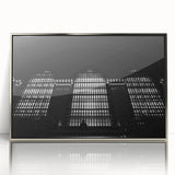 Mid-century modernist art depicting New York's Grand Central in muted silver tones on a framed acrylic.