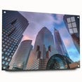 Acrylic glass print of abstract Manhattan skyline in muted gray and blue tones, suitable for bedroom or dining room art.