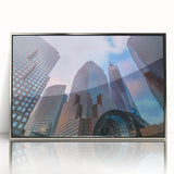 Acrylic print of Manhattan skyline in muted gray tones, framed in silver, suitable for modern art wall decor.