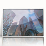 Mid-century modernist art depicting the Manhattan skyline in muted gray and blue tones on a white framed acrylic print.