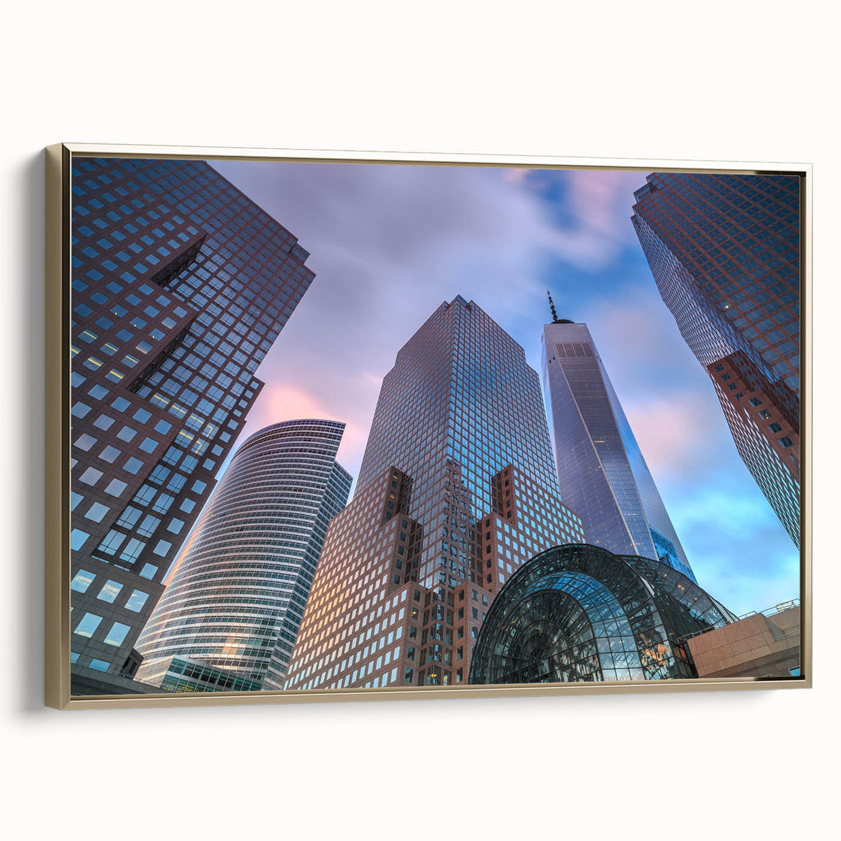 Framed canvas featuring a vintage-style Manhattan skyline in black and gold tones, ideal for bedroom wall decor.