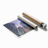 Extra large rolled print of Manhattan skyline with muted blue and gray tones, ideal for classy bathroom wall art.
