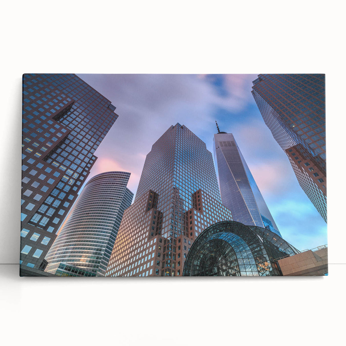 Black and white photograph of Manhattan skyline on large stretched canvas, suited for kitchen wall art.
