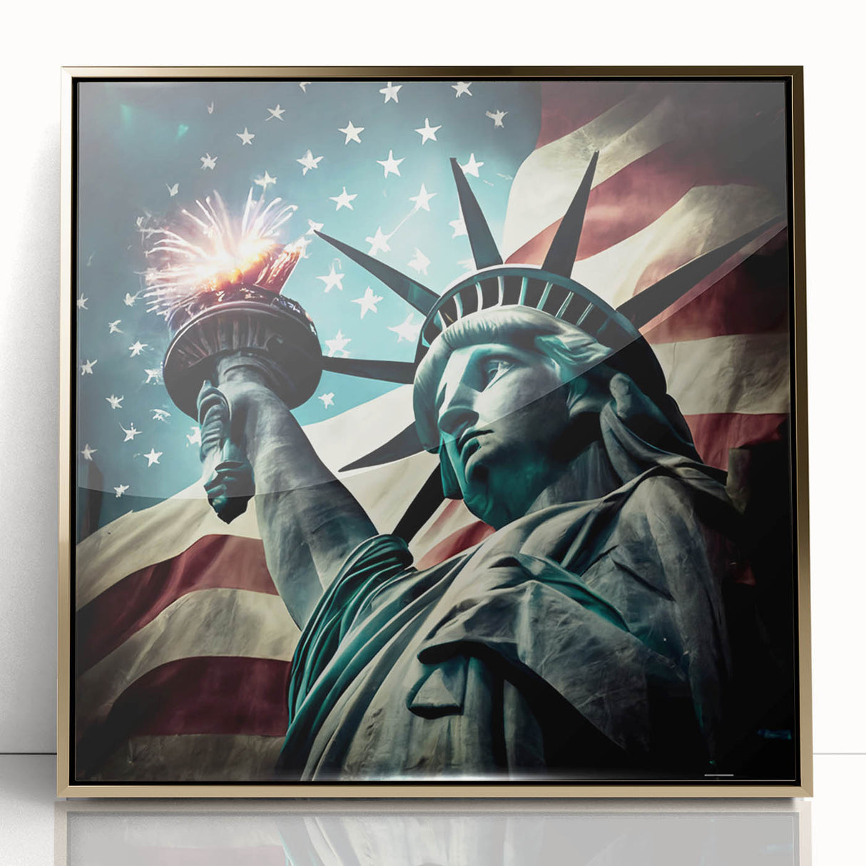 Acrylic print of the Statue of Liberty in gold tones, framed, ideal for modern art wall decor.