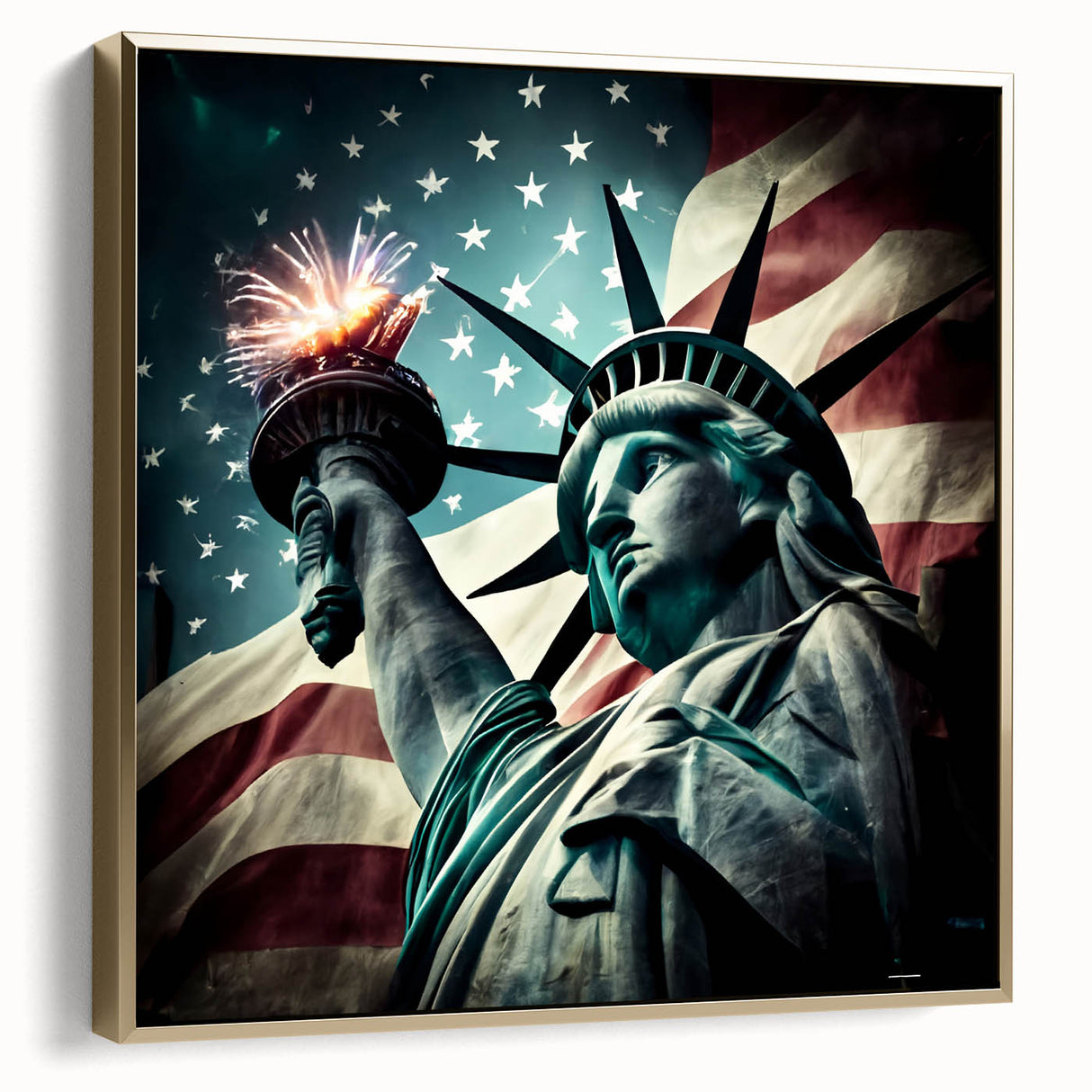 Framed canvas depicting the Statue of Liberty in silver and gold tones.
