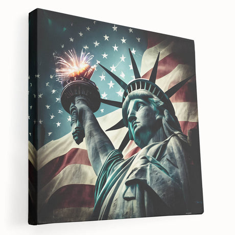 Large canvas print of the Statue of Liberty in muted green and blue tones, suitable for kitchen wall art.