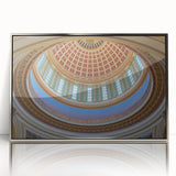 Mid-century modernist art depicting the Oklahoma skyline in muted earth tones on a framed acrylic panel.