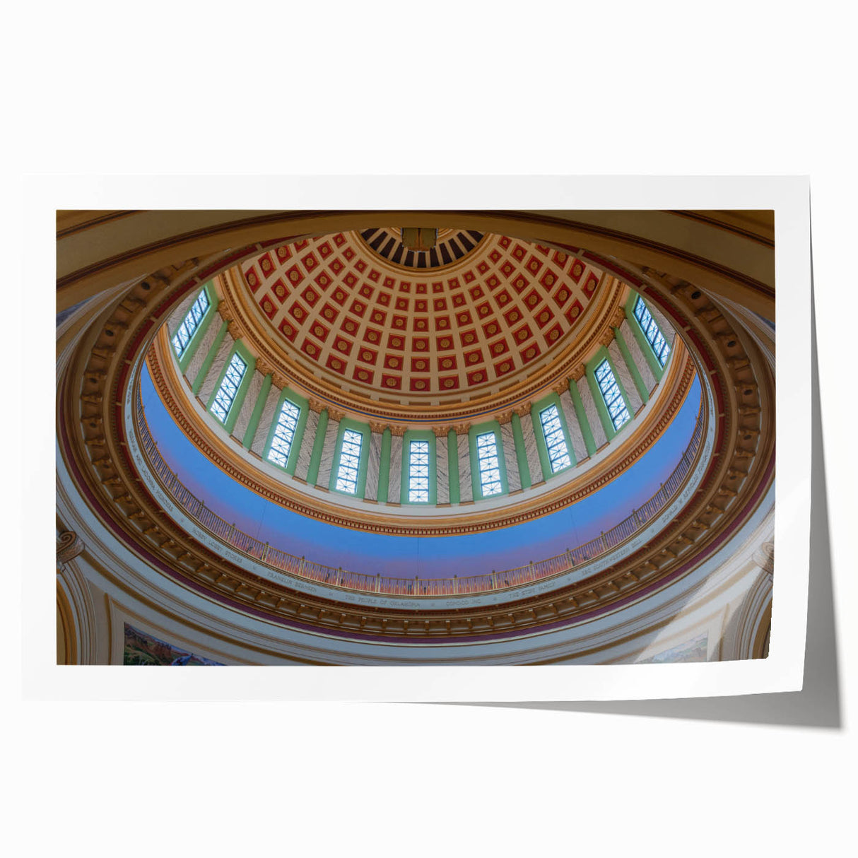 Rolled print of Oklahoma scenery with vibrant floral motifs in soft pastel hues, ideal for dining room wall art.