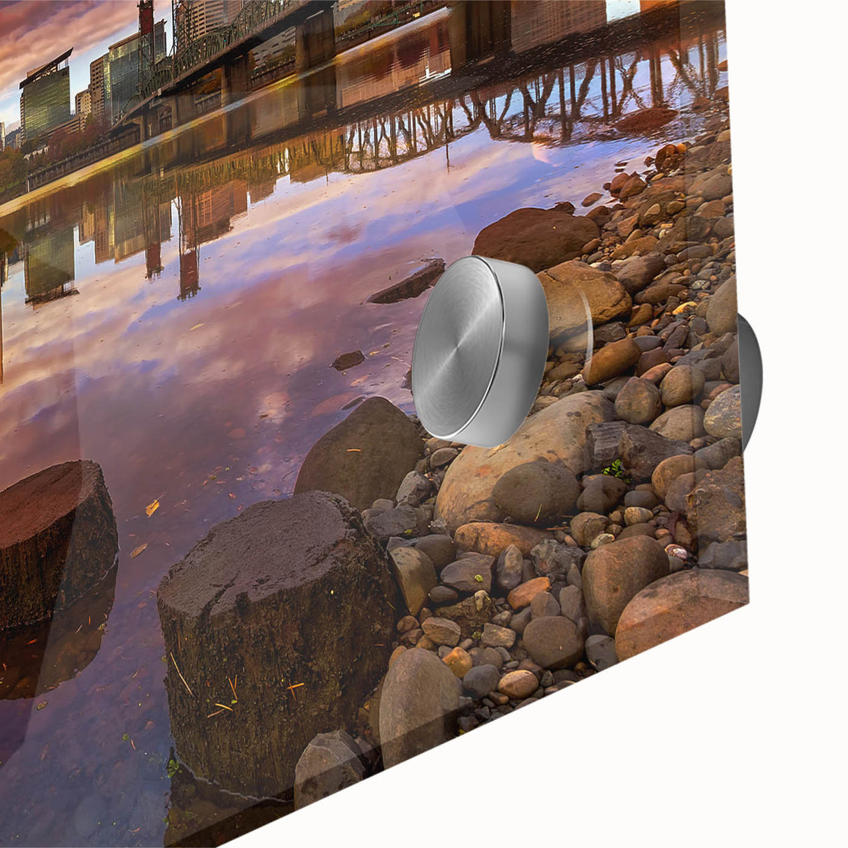 Large abstract depiction of Portland, Oregon in muted earth tones on acrylic glass, ideal for dining room art.