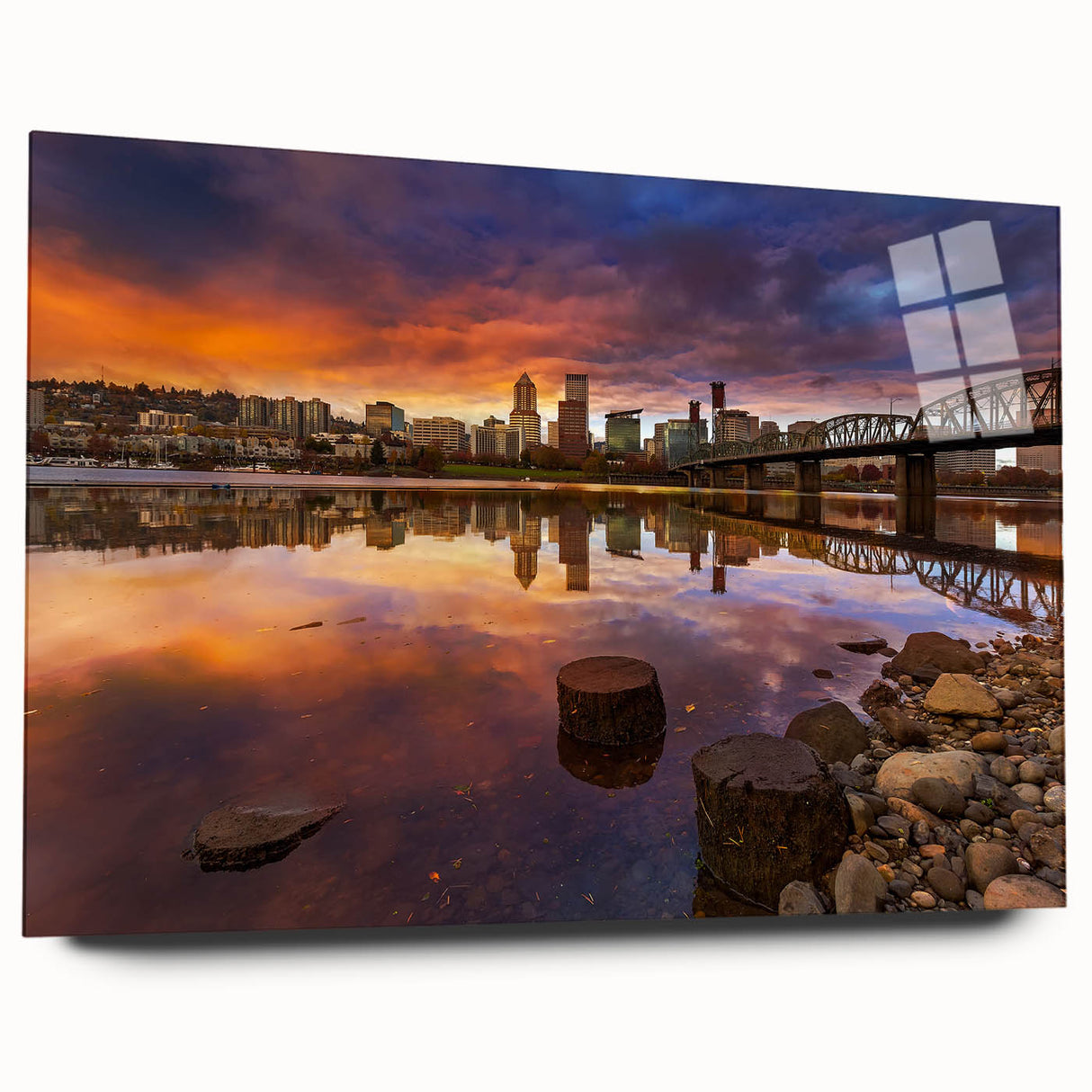 Acrylic print of Portland, Oregon skyline in muted gray and blue tones, suitable for bedroom or dining room art.