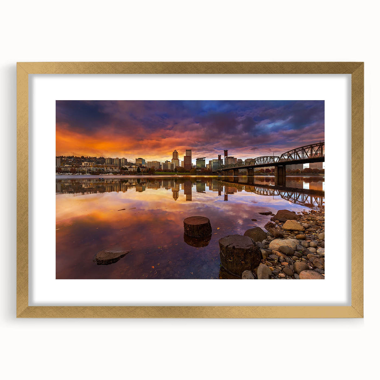 Extra large abstract art print of Portland, Oregon, featuring textured layers in earth tones on a gold-framed canvas.