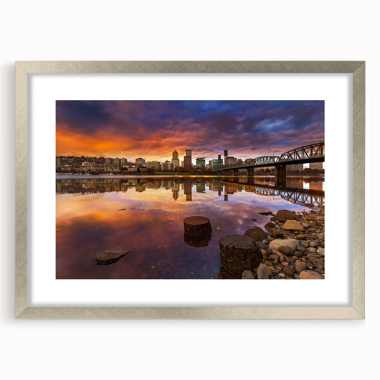 Textured abstract art print of Portland, Oregon in muted earth tones on a framed silver mat, ideal for bedroom art.