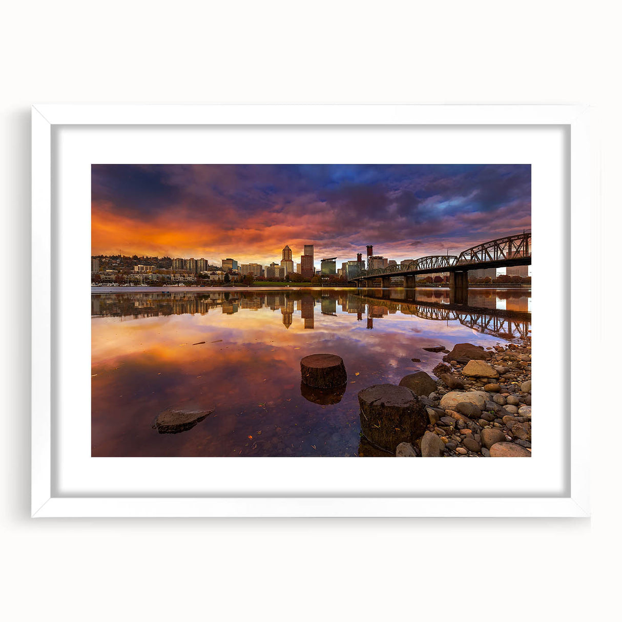 Abstract art print of Portland, Oregon, featuring muted blue and green tones on a framed white mat.