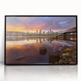 Large abstract wall art depicting Portland, Oregon, in muted gray and blue tones on a framed acrylic print.