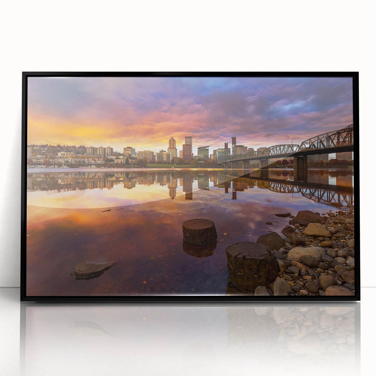 Large abstract wall art depicting Portland, Oregon, in muted gray and blue tones on a framed acrylic print.