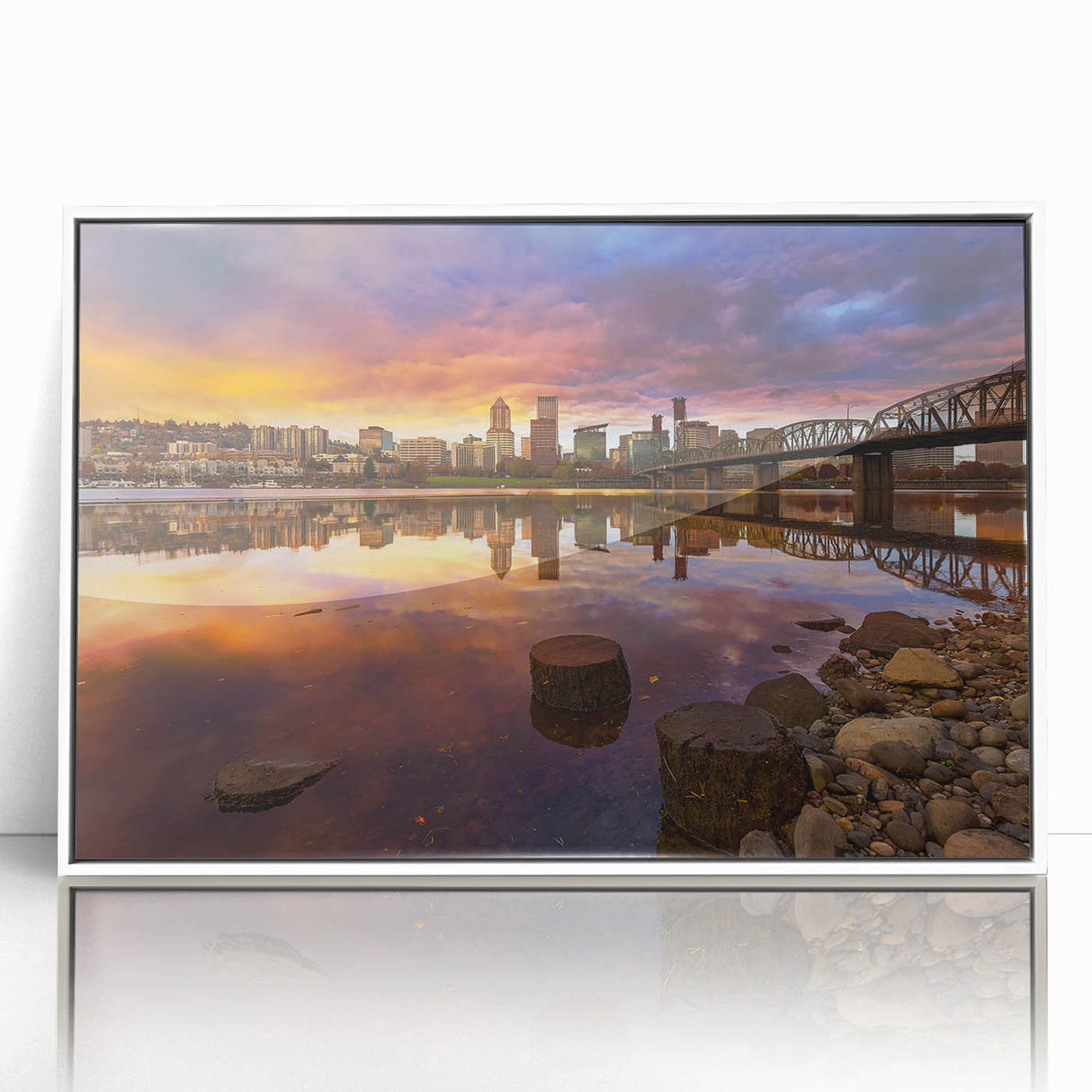 Art deco poster of Portland, Oregon skyline in muted gray and blue tones on framed acrylic.