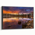 Black and white wall art featuring a vintage-style landscape of Portland, Oregon on a framed canvas, ideal for bedroom decor.
