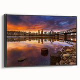 Black and white wall art featuring a vintage-style landscape of Portland, Oregon on a framed canvas, ideal for bedroom decor.