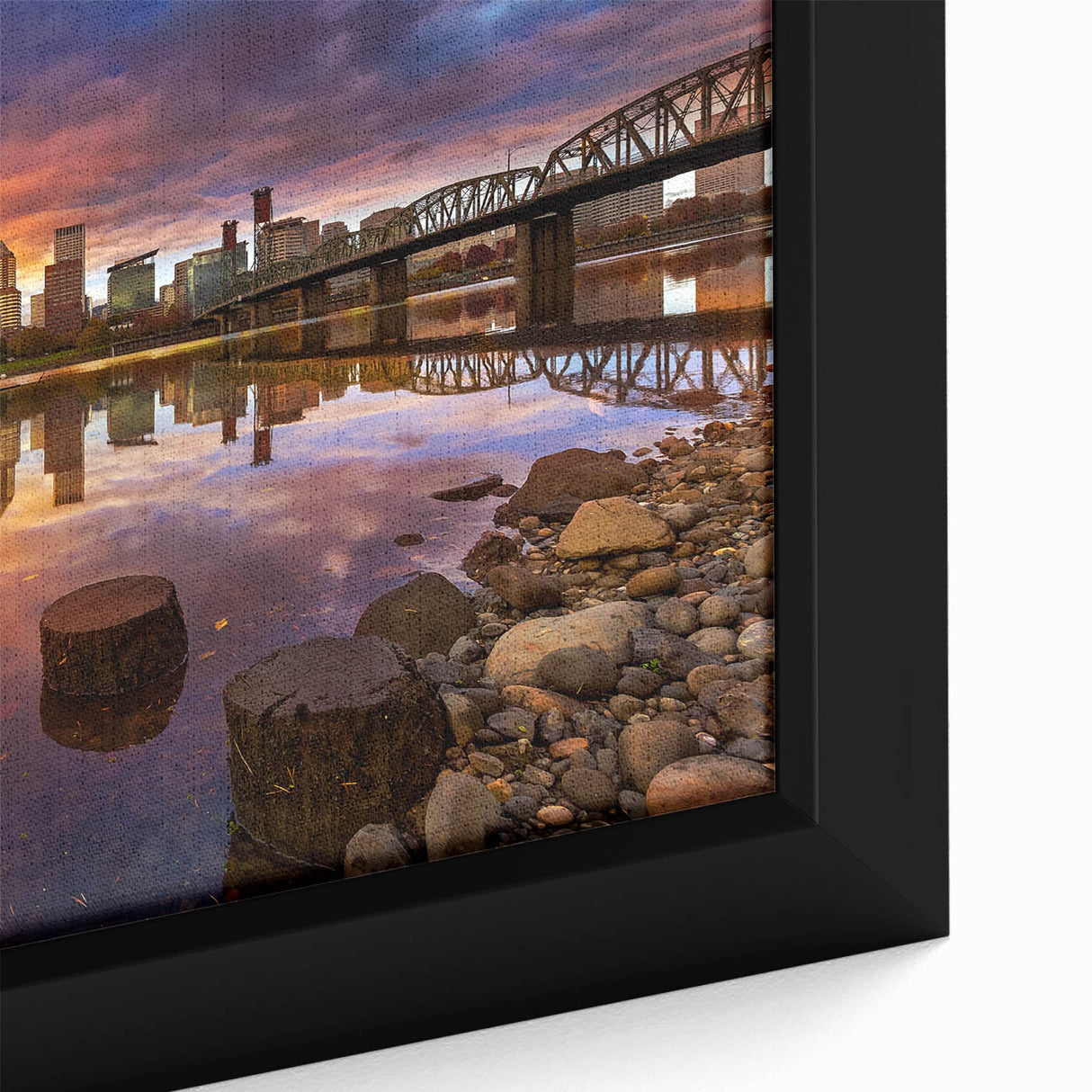 Black wall art featuring a textured Portland, Oregon skyline in vibrant colors on a framed canvas.