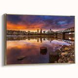 Framed canvas of Portland, Oregon landscape in muted earth tones, ideal for bedroom wall art.