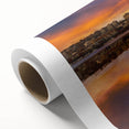 Art Deco poster of Portland, Oregon skyline in muted teal and orange, on rolled canvas, ideal for nursery wall art.