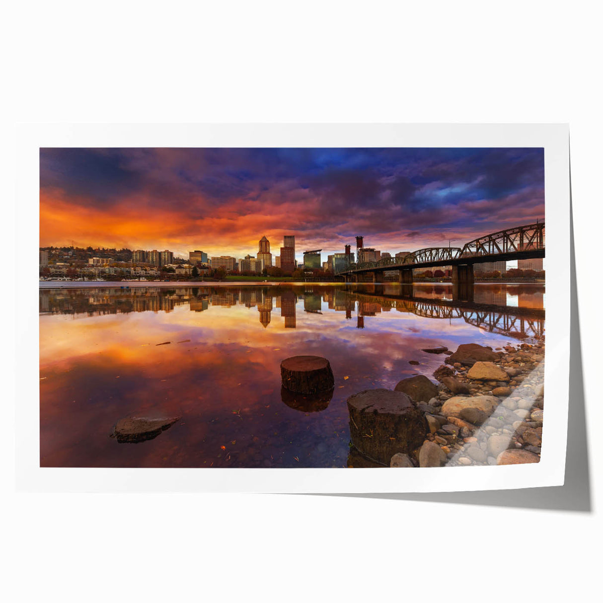 Portland, Oregon skyline in muted green and blue tones on a large rolled canvas, ideal for art wall dining room placement.