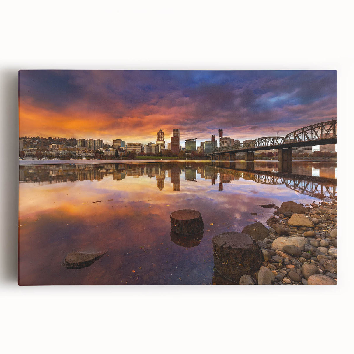Black and white stretched canvas of Portland, Oregon skyline, ideal for kitchen wall art.