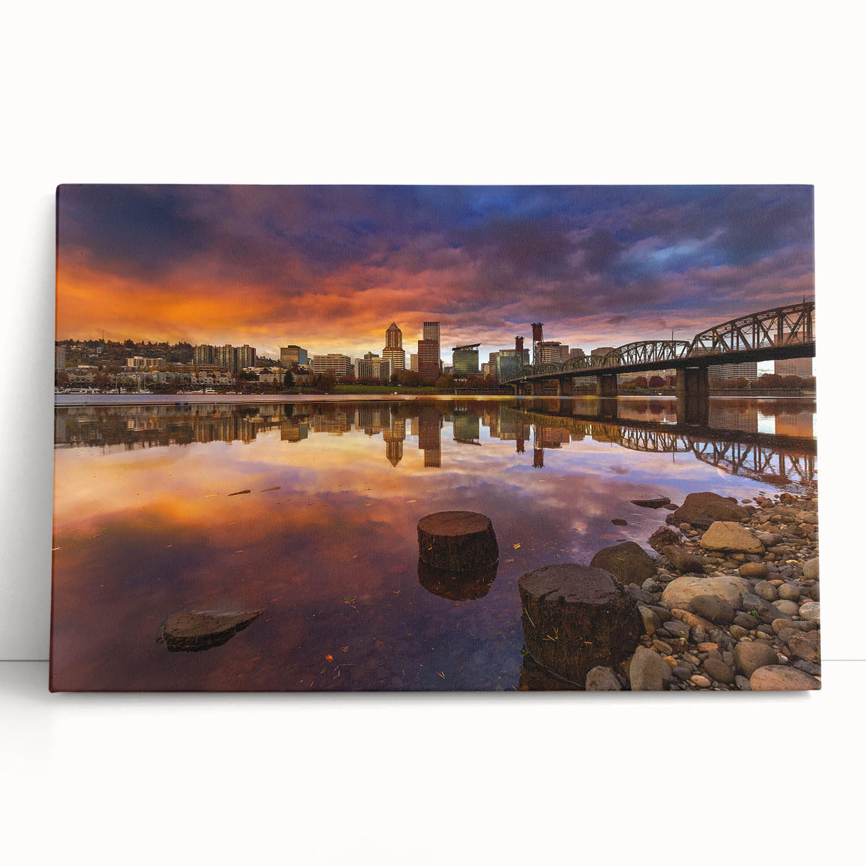 Black and white stretched canvas featuring the Portland, Oregon skyline, ideal for kitchen wall art.