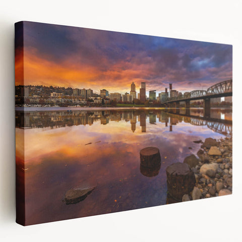 Large stretched canvas depicting the Portland, Oregon skyline in muted gray and blue tones, ideal for kitchen wall art.