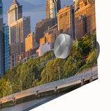 Large abstract wall art of Philadelphia skyline in muted tones on acrylic glass, suitable for dining room ambiance.