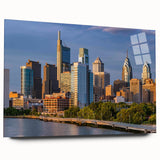 Acrylic print of a large abstract depiction of the Philadelphia skyline in muted blue and gray tones.