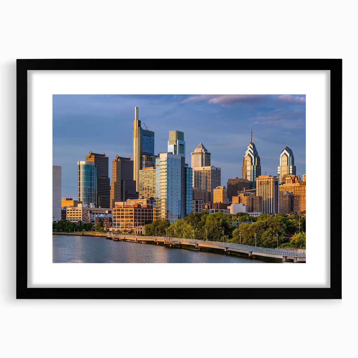 Extra large, textured abstract art print of colorful Philadelphia skyline, in a black frame with mat.