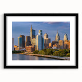 Extra large, textured abstract art print of colorful Philadelphia skyline, in a black frame with mat.