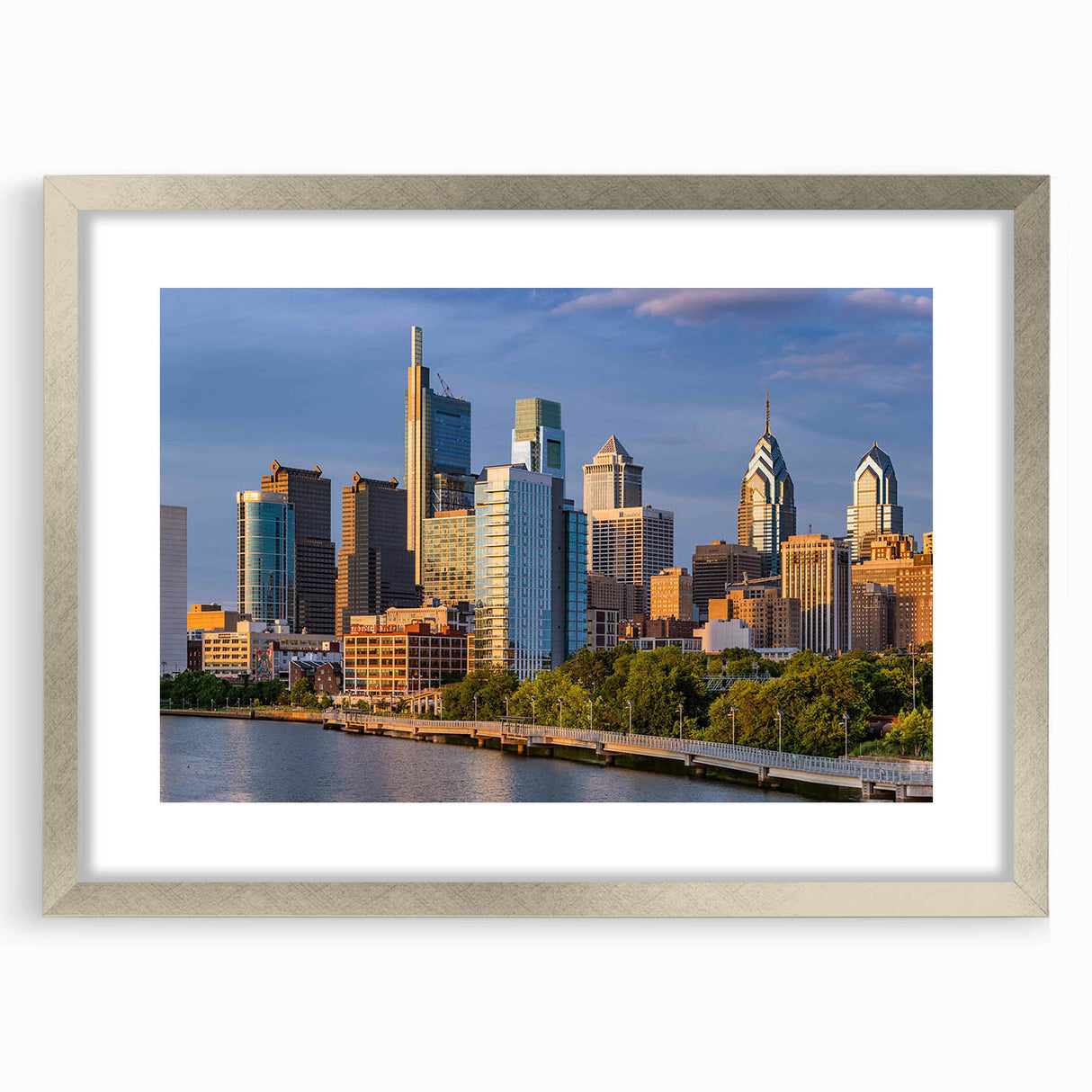 Textured abstract art print of Philadelphia skyline in muted gray tones on a framed canvas, suitable for bedroom art.