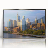 Mid-century modernist art depicting Philadelphia skyline in muted grays and blues on a framed acrylic print.