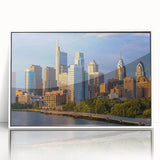 Art deco poster of Philadelphia skyline in muted gray tones on framed acrylic.