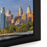 Extra large framed canvas featuring a textured depiction of Philadelphia's skyline in black with colorful accents.